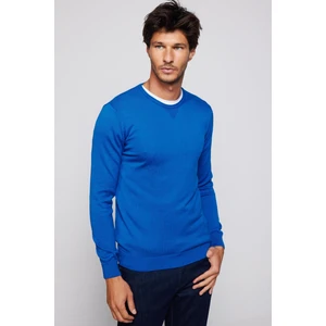 Slim Fit Bisiklet Yaka Mavi Erkek Kazak