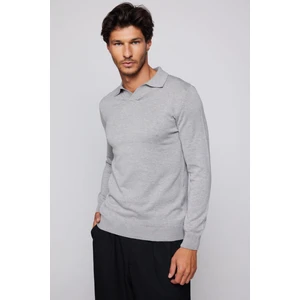 Slim Fit Dar Kesim Polo V Yaka Erkek Gri Kazak