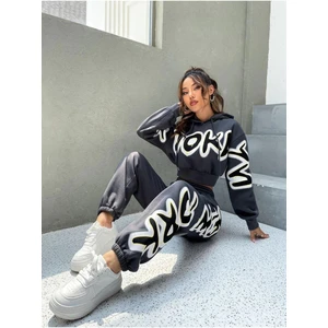 Kadın Füme Brooklyn Baskılı Oversize Alt Üst Crop Eşofman Takımı
