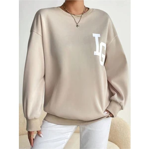 Kadın Bej Ig Baskılı Bisiklet Yaka Sweatshirt