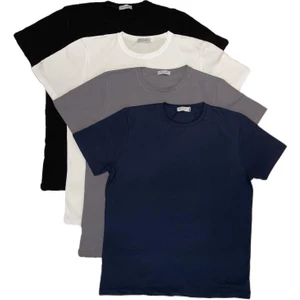 Erkek Slim Fit Dar Kesim Bisiklet Yaka Kısa Kol Pamuklu 4’lü Tişört Paketi Siyah Beyaz Gri Lacivert