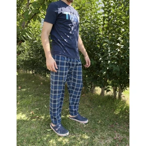 Erkek  Pamuk Cepsiz Beli Lastikli Pijama Altı Eşofman Lacivert Beyaz Çizgili