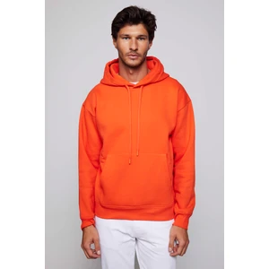 Unisex Oversize Geniş Kesim Pamuklu Yumuşak Dokulu İçi Polarlı Basic Turuncu Kapüşonlu Sweatshirt