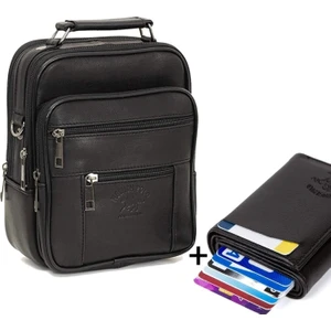 Newish Polo Adelina Erkek Siyah Deri Çelik Kasalı El ve Omuz Çanta ve Mekanizmalı Kartlık Cüzdan Orta Boy