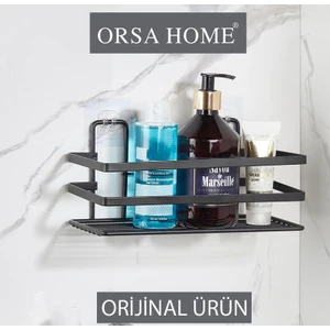 Orsa Home 992 Tekli Lamalı Yapışkanlı Siyah Dikdörtgen Banyo Rafı