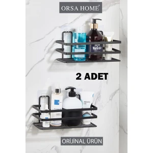 Orsa Home 292 Lamalı Yapışkanlı 2 Adet Dikdörtgen Banyo Rafı Mat Siyah