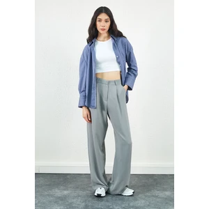 Lacivert Çizgili Kadın Gömlek Uzun Kol Günlük Sokak Stili Oversize