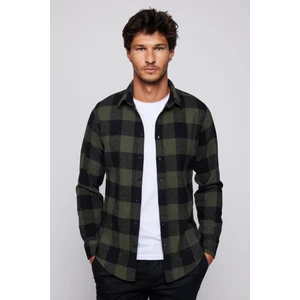Slim Fit Dar Kesim Kareli Oduncu Haki-Yeşil Erkek Gömlek