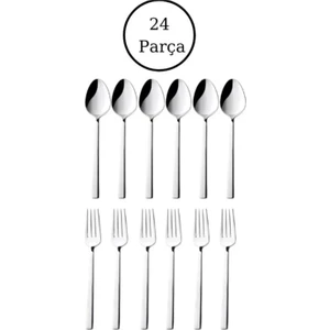24 Parça 12 Kişilik Çubuk Model Tatlı Kaşık - Tatlı Çatalı