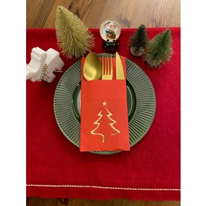 Gold Yaldızlı Yılbaşı Çam Ağacı Desenli 12 Li Kırmızı Renkli Kağıt Cepli Peçete