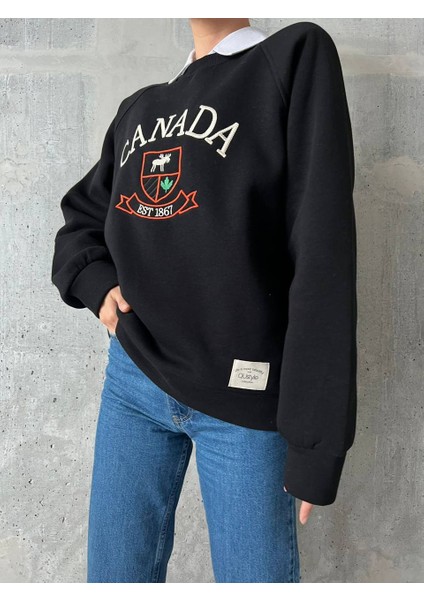 Nakış Işlemeli ,bisiklet Yaka ,oversize ,trend,şık,3 Iplik Şardonlu, Kadın Sweatshirt