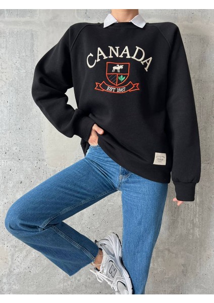 Nakış Işlemeli ,bisiklet Yaka ,oversize ,trend,şık,3 Iplik Şardonlu, Kadın Sweatshirt