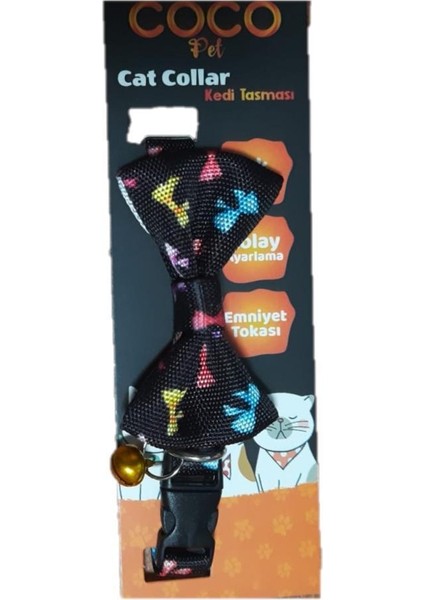 Cocopet Papyon Siyah Kurdale Desenli Ayarlanabilir Kedi ve Minik Köpek Tasması