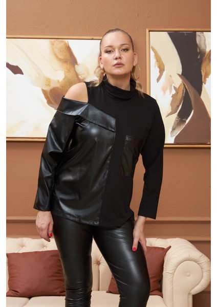 Deri Garnili Siyah Büyük Beden Sweatshirt