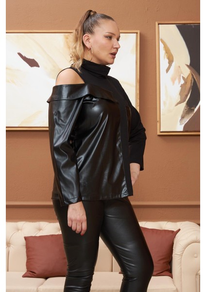 Deri Garnili Siyah Büyük Beden Sweatshirt modelleri