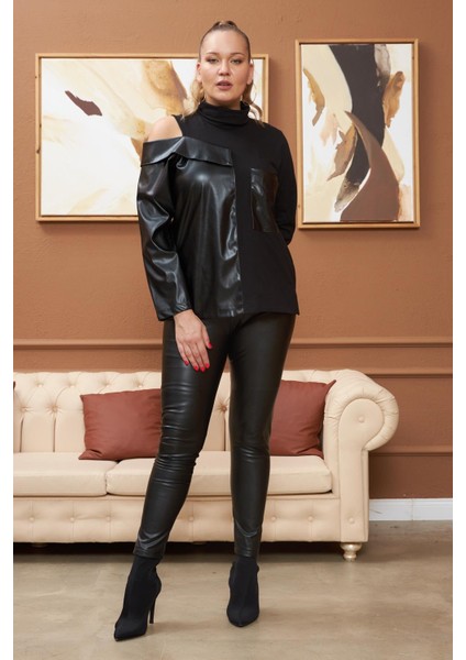 Deri Garnili Siyah Büyük Beden Sweatshirt fırsatları