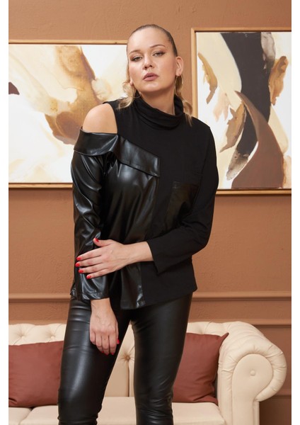 Deri Garnili Siyah Büyük Beden Sweatshirt indirimleri