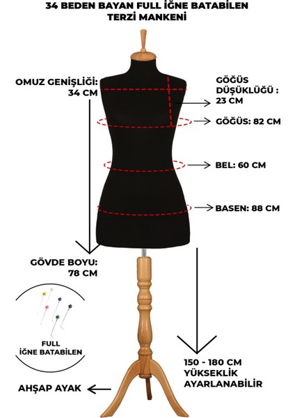34 Beden Iğne Batabilen Terzi Mankeni Prova Mankeni Sünger Manken fiyatları