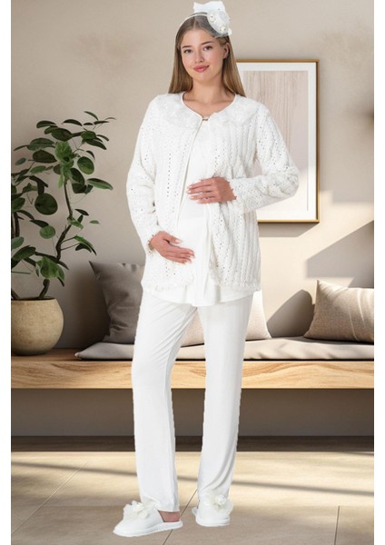 5911 Ekru Peluş Sabahlıklı Lohusa Pijama Takımı