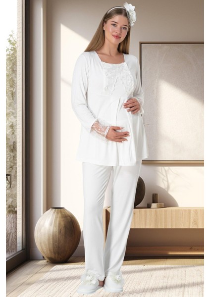 5911 Ekru Peluş Sabahlıklı Lohusa Pijama Takımı