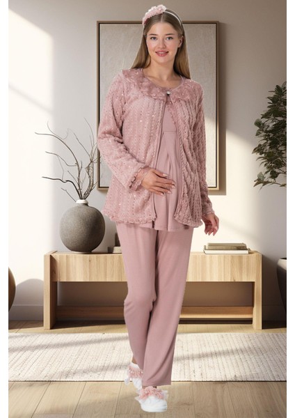5911 Pudra Peluş Sabahlıklı Lohusa Pijama Takımı