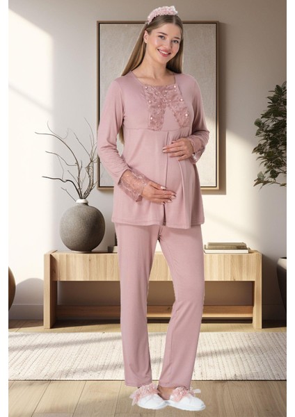 Mecit Pijama 5911 Pudra Peluş Sabahlıklı Lohusa Pijama Takımı