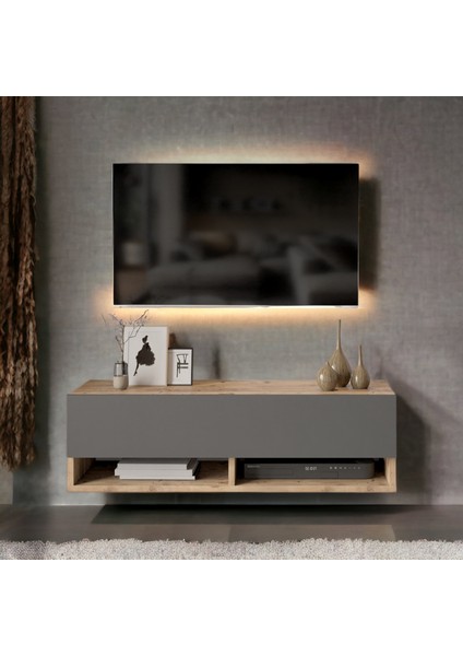 Delphin 100 cm Raflı Kapaklı Tv Ünitesi DLP13-AA Çam-Antrasit Gri