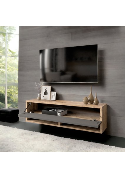 Delphin 100 cm Raflı Kapaklı Tv Ünitesi DLP13-AA Çam-Antrasit Gri