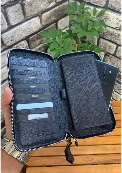 Çift Fermuarlı Lacivert Hakiki Deri El Çantası Erkek / Kadın P3031