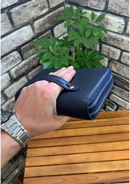 Çift Fermuarlı Lacivert Hakiki Deri El Çantası Erkek / Kadın P3031 fırsatları