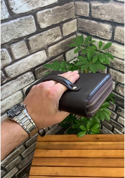 Çift Fermuarlı Kahverengi Hakiki Deri El Çantası Erkek / Kadın P3031 fırsatları