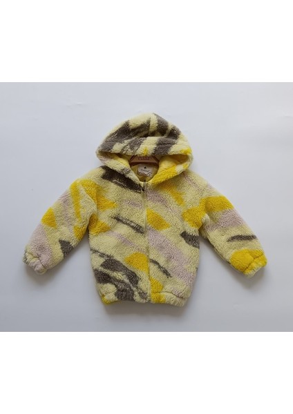 Kız Renkli Kapşonlu Peluş Mont