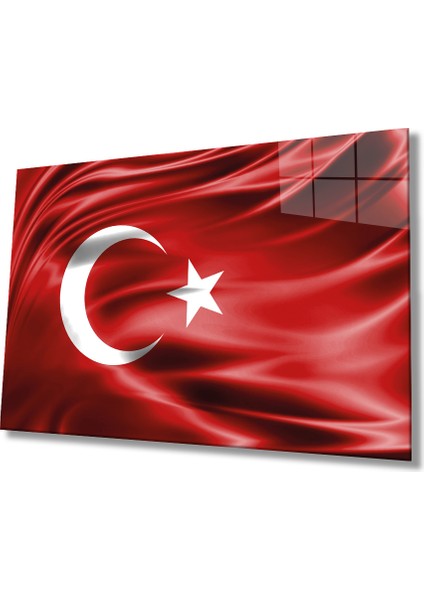 Kırmızı Dalgalı Türk Bayrağı Cam Tablo Ev ve Ofis Duvar Dekoru