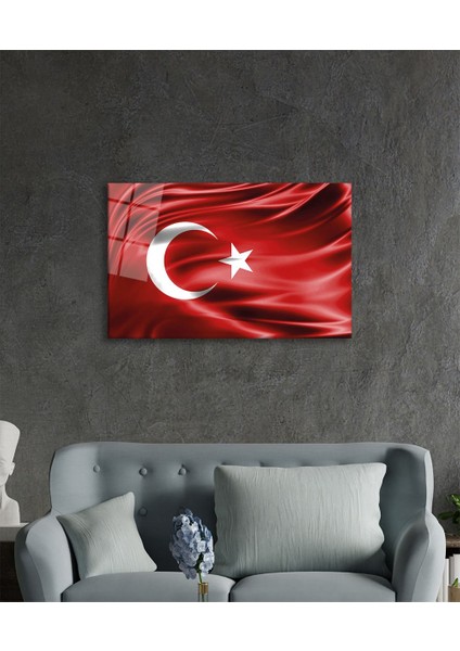 Kırmızı Dalgalı Türk Bayrağı Cam Tablo Ev ve Ofis Duvar Dekoru