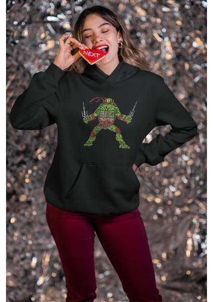 Fuddy Moda Ninja Kamlumbağa Kaligrafik Baskılı Kapüşonlu Sweatshirt