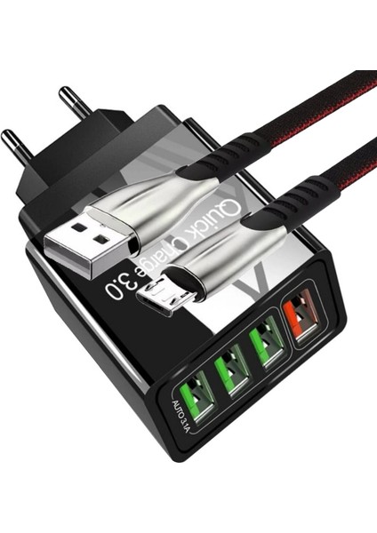 A6 Çoklu Şarj Adaptörü 4 Port + J3 Micro USB 5A/100W Şarj Kablosu -3mt
