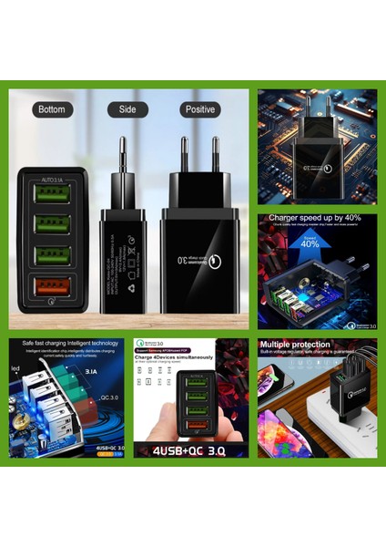 A6 Çoklu Şarj Adaptörü 4 Port + J3 Micro USB 5A/100W Şarj Kablosu -3mt