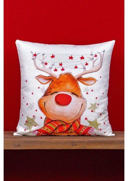 Çift Taraflı Kırmızı Geyik Yılbaşı Temalı Dijital Baskılı Kırlent Kılıfı -Cgh1362-Ct