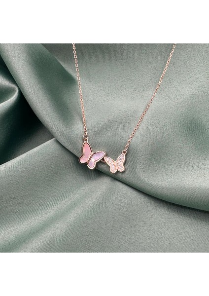 Kelebek Sedef Rose Gold Kaplama Kadın Gümüş Kolye