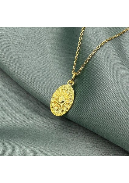Güneş Antik Plaka Altın Kaplama Kadın Gümüş Kolye