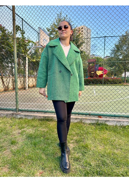 Balık Sırtı Astarlı Oversize Kaşe Kaban Yeşil