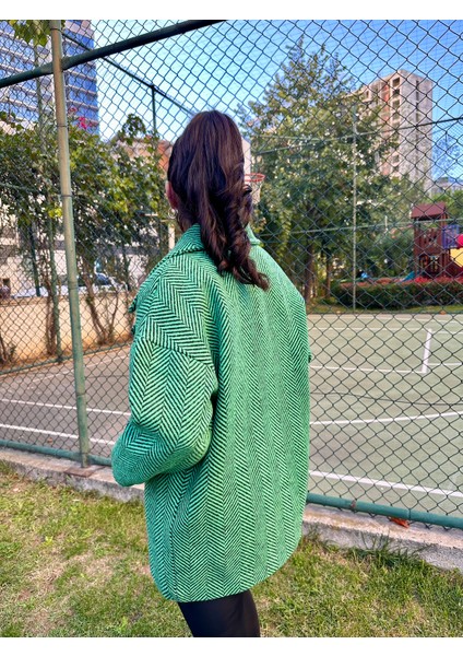 Balık Sırtı Astarlı Oversize Kaşe Kaban Yeşil