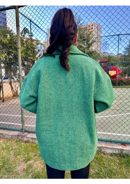 Balık Sırtı Astarlı Oversize Kaşe Kaban Yeşil