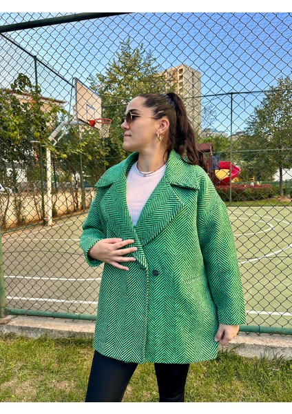 Balık Sırtı Astarlı Oversize Kaşe Kaban Yeşil