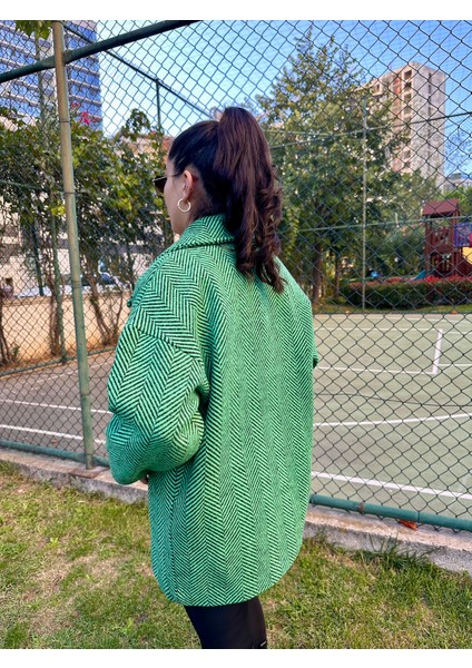 Balık Sırtı Astarlı Oversize Kaşe Kaban Yeşil