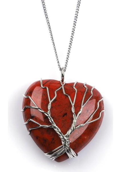 Red Jasper Doğal Taş Tel Sarmalı Kalp Kolye