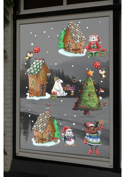 Kış Konseptli Sevimli Yeni Yıl Sticker Seti, Yılbaşı Kurabiyeleri ve Evler Penguins Yeni Yıl Sticker