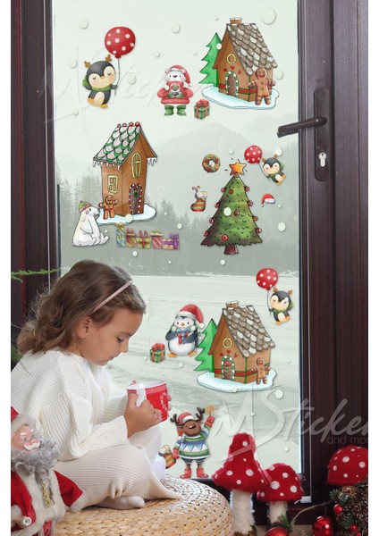 Kış Konseptli Sevimli Yeni Yıl Sticker Seti, Yılbaşı Kurabiyeleri ve Evler Penguins Yeni Yıl Sticker fiyatları