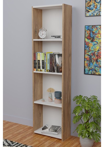 5 Raflı Kitaplık Arkalıklı Dar Raf Kütüphane 170 cm Atlantik Çam - Beyaz