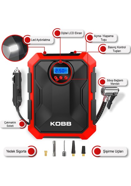 Kobb KB200 12VOLT 150 Psı Ayarlanabilir Dijital Basınç Göstergeli Hava Lastik Şişirme Pompası fiyatları